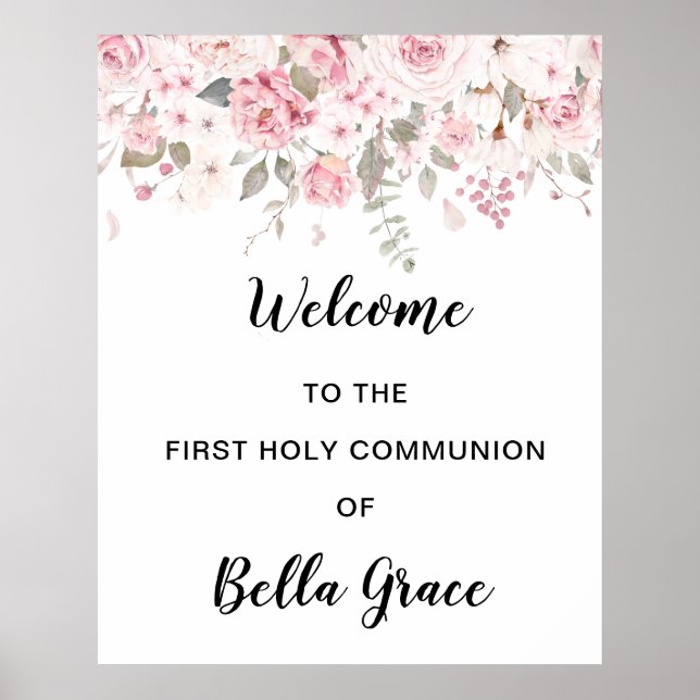 Affiche de bienvenue de la première communion rose (Devant)