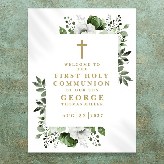 Affiche de bienvenue de la première sainte communi (Green Floral First Holy Communion Welcome Sign)