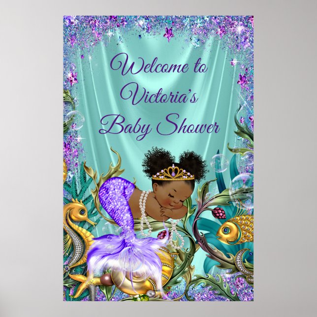 Affiche de bienvenue de l'Baby shower Afro Mermaid (Devant)