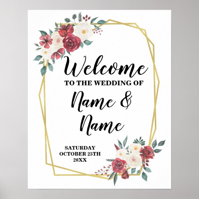 Affiche de bienvenue de mariage aquarelle rouge cr (Devant)
