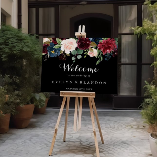 Affiche de bienvenue de Mariage botanique noir rus (Créateur téléchargé)