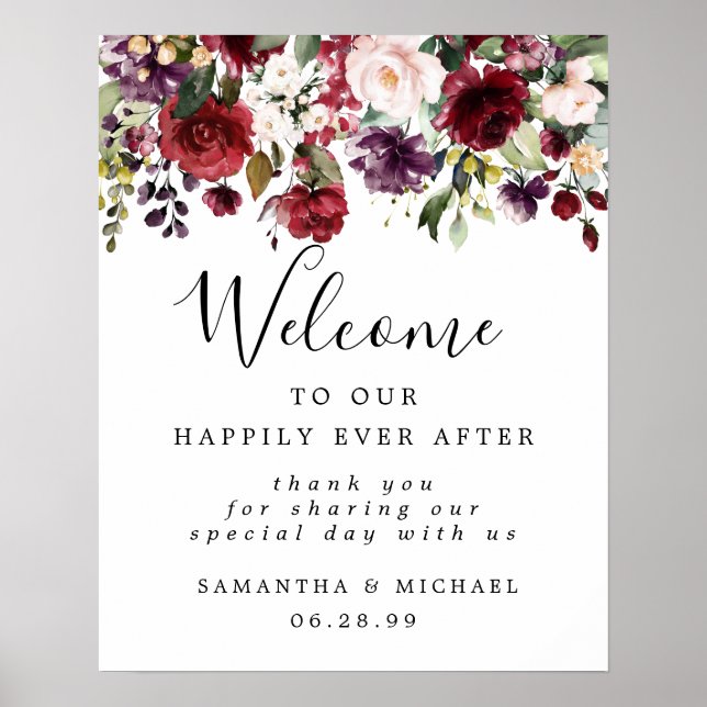 Affiche de bienvenue de mariage élégante à la flor (Devant)