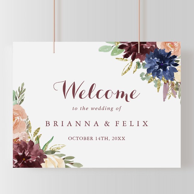 Affiche de bienvenue de Mariage Floral Rustic Gold (Créateur téléchargé)