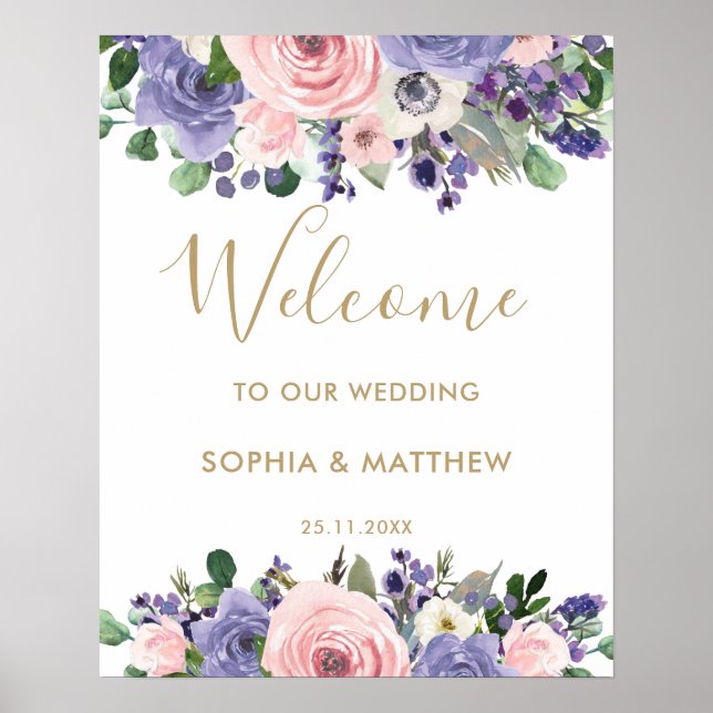 Affiche de bienvenue de Mariage floral violet de l (Devant)