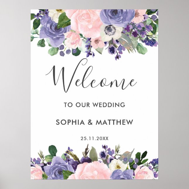 Affiche de bienvenue de Mariage floral violet de l (Devant)
