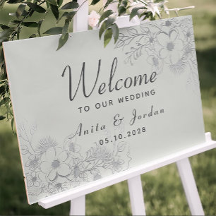 Affiche de bienvenue de mariage florale bleu pouss