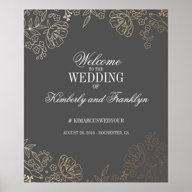 Affiche de bienvenue de mariage florale d'or et de (Devant)