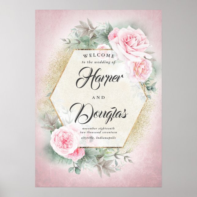 Affiche de bienvenue de Mariage géométrique rose p (Devant)