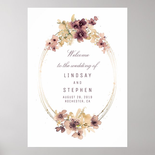Affiche de bienvenue de mariage Mauve et Gold Vint (Devant)
