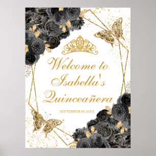 Affiche de bienvenue de Quinceanera Florale Noir e