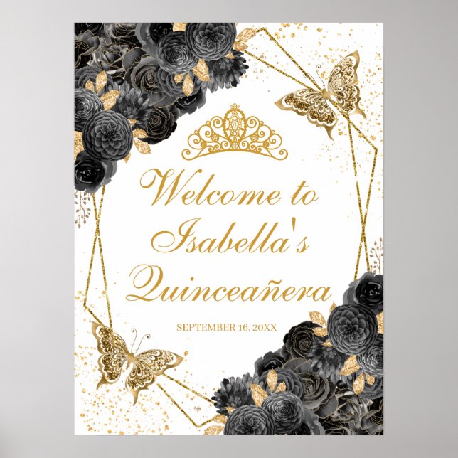 Affiche de bienvenue de Quinceanera Florale Noir e (Devant)