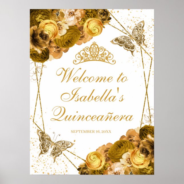 Affiche de bienvenue de Quinceanera Florale Or (Devant)