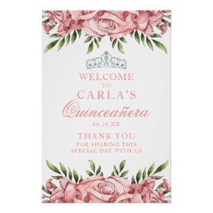 Affiche de bienvenue de Quinceanera florale rose p