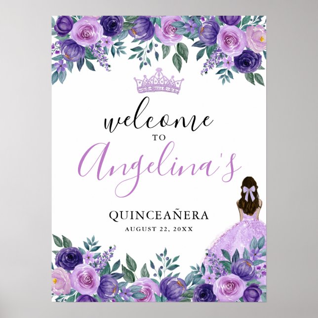 Affiche de bienvenue de Quinceanera florale violet (Devant)