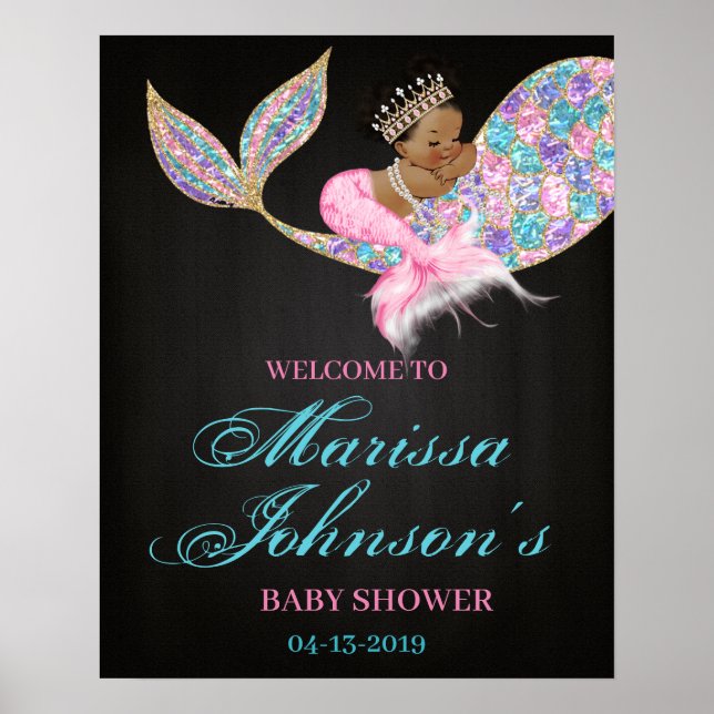 Affiche de bienvenue de sirène Baby shower afro-am (Devant)
