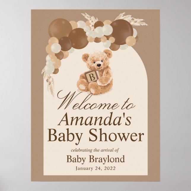 Affiche de bienvenue d'ours en peluche neutres Pam (Devant)