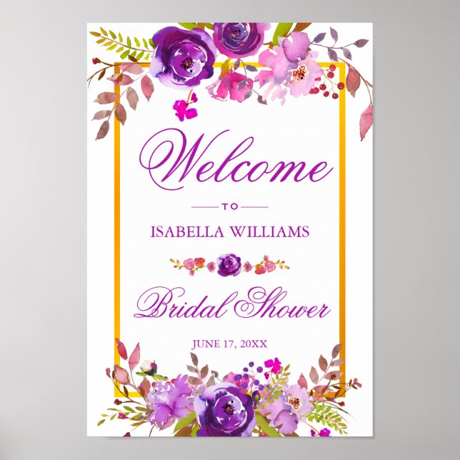 Affiche de bienvenue | Élégant Chic Gold Purple Fl (Devant)