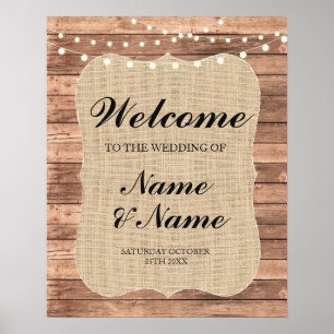 Affiche de bienvenue en toile de jute et bois pour