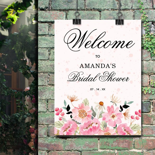 Affiche de bienvenue Fête des mariées Fleur sauvag (Pink floral bridal shower  welcome sign poster - PRINTED or INSTANT DOWNLOAD)