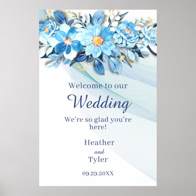 Affiche de bienvenue Floral bleu 24 po x 36 po (Devant)