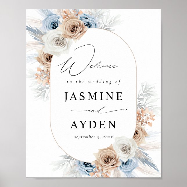 Affiche de bienvenue Florale Boho Bleu et Beige (Devant)