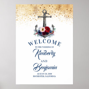 Affiche de bienvenue Mariage Ancre florale marine