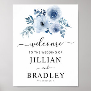 affiche de bienvenue mariage aux fleurs bleues pou