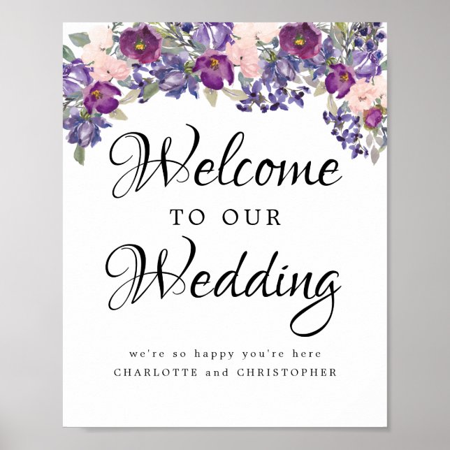 Affiche de bienvenue mariage aux fleurs violettes  (Devant)