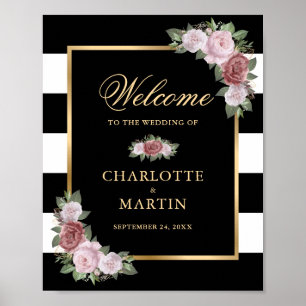 Affiche de bienvenue Mariage Black White Gold Flor