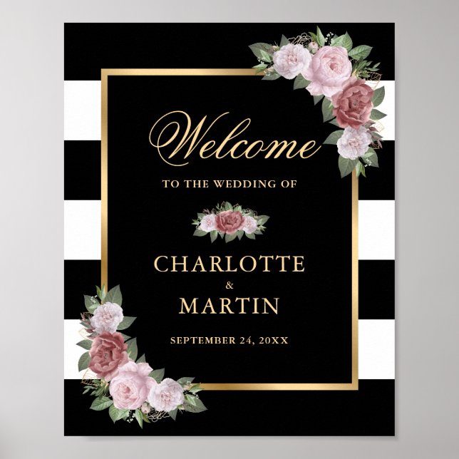 Affiche de bienvenue Mariage Black White Gold Flor (Devant)