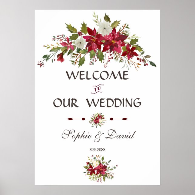 Affiche de bienvenue Mariage blanc rouge Poinsetti (Devant)
