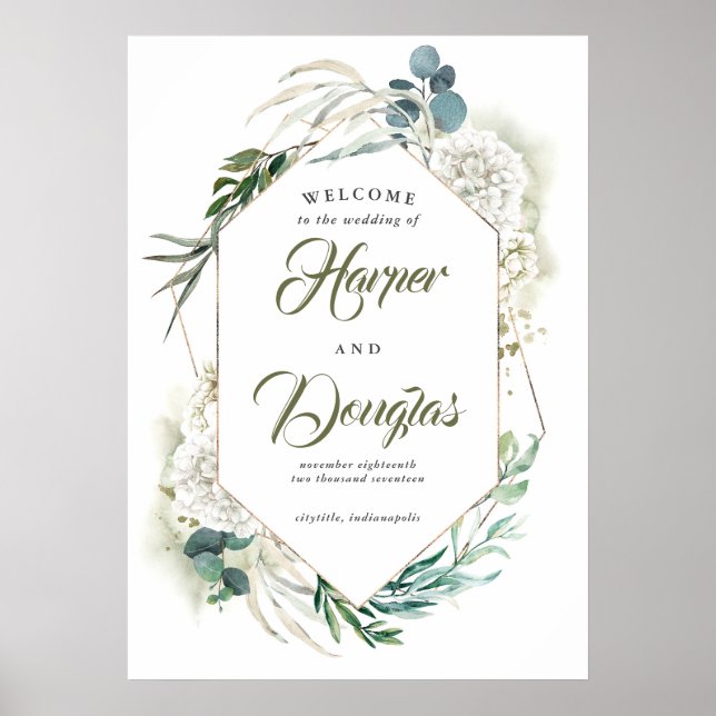 Affiche de bienvenue Mariage blanche Hydrangea et  (Devant)