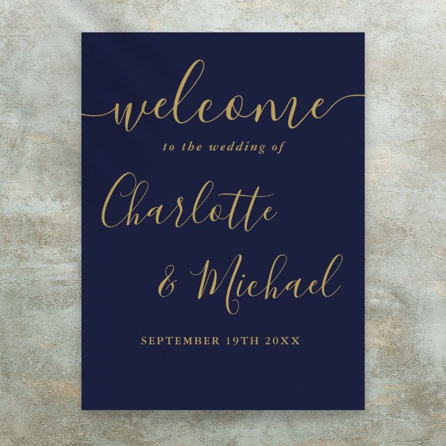 Affiche de bienvenue Mariage bleu marine et or Scr (Navy Blue And Gold Script Wedding Welcome Sign)