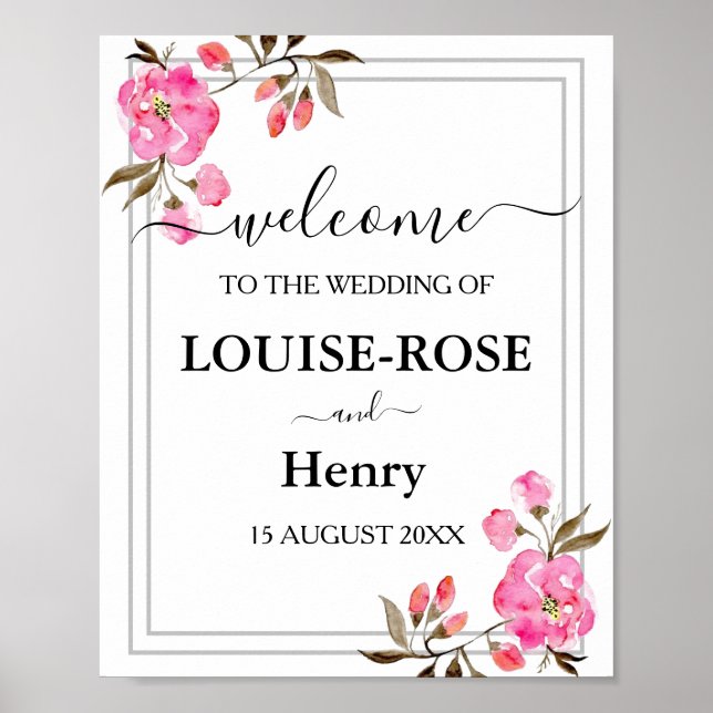 Affiche de bienvenue mariage - Boarder rose gris (Devant)