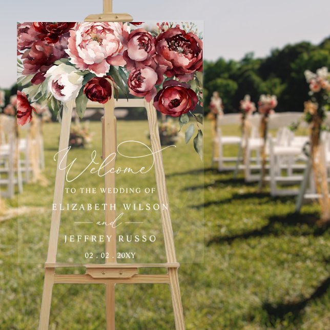 Affiche de bienvenue Mariage botanique de Bourgogn (Botanical Burgundy Floral Wedding Welcome Sign)
