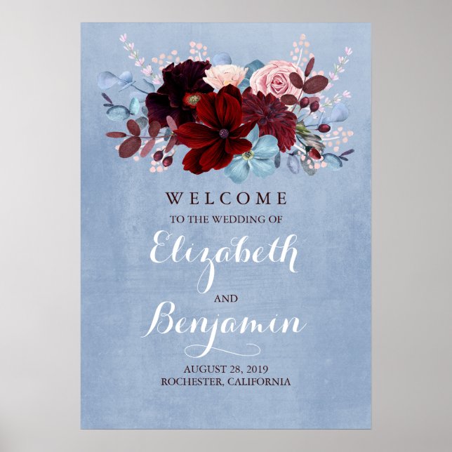 Affiche de bienvenue Mariage Burgundy et Dusty Blu (Devant)