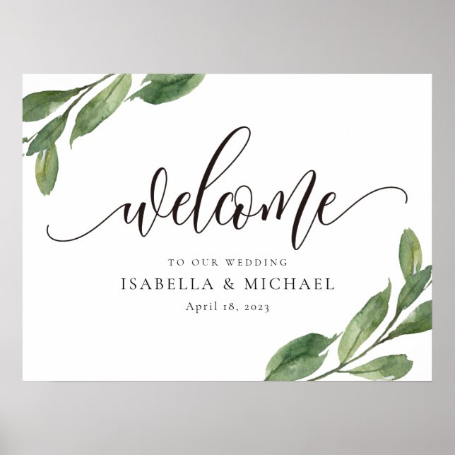Affiche de bienvenue Mariage de feuilles vertes (Devant)