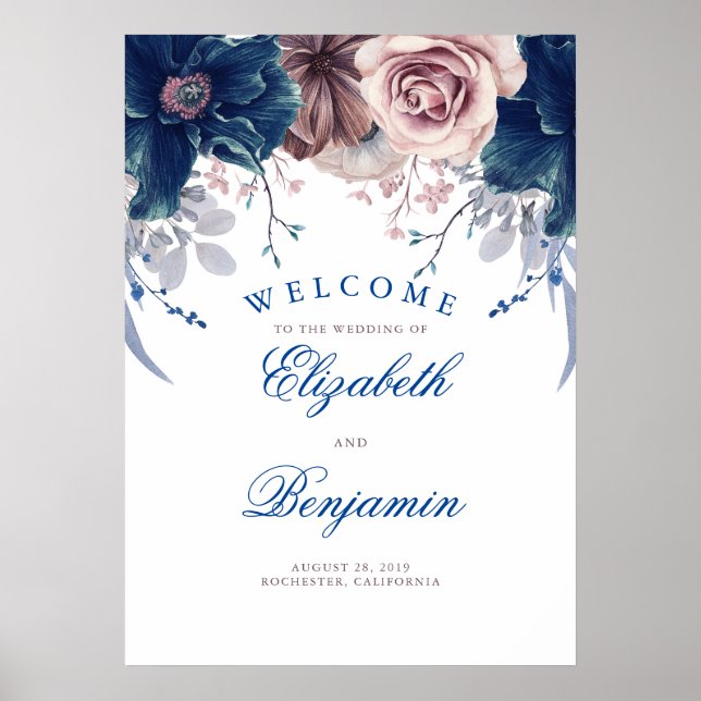 Affiche de bienvenue Mariage de Navy Blue et Mauve (Devant)