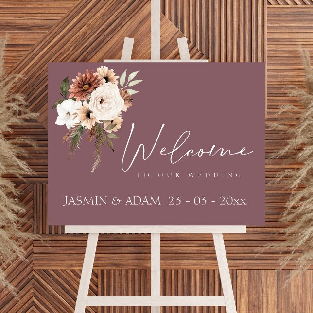 Affiche de bienvenue Mariage de Pêche Rustique Vio (Rustic Purple Peach Floral Wedding Welcome Sign)