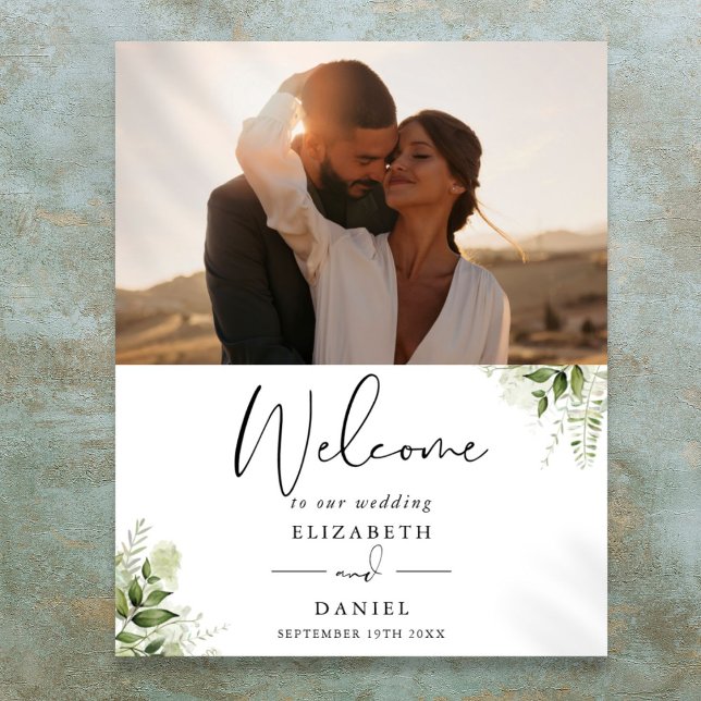 Affiche de bienvenue Mariage de photos de verdure (Greenery Foliage Photo Wedding Welcome Sign)