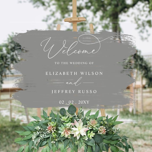 Affiche de bienvenue Mariage de pointes de pinceau (Gray Brush Strokes Wedding Welcome Sign)