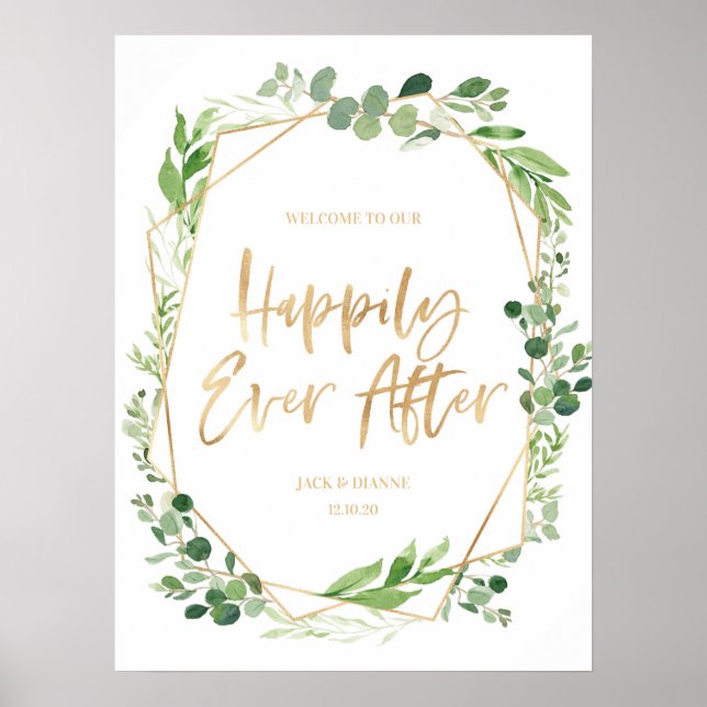 Affiche de bienvenue Mariage d'or vert heureux apr (Devant)