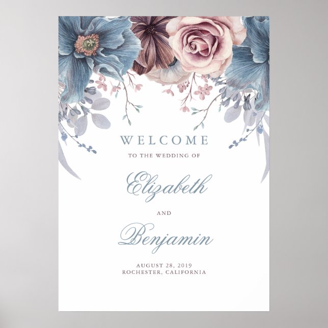 Affiche de bienvenue Mariage Dusty Blue et Mauve (Devant)