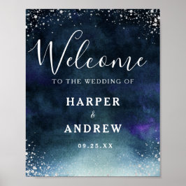 Affiche de bienvenue Mariage en argent bleu marine