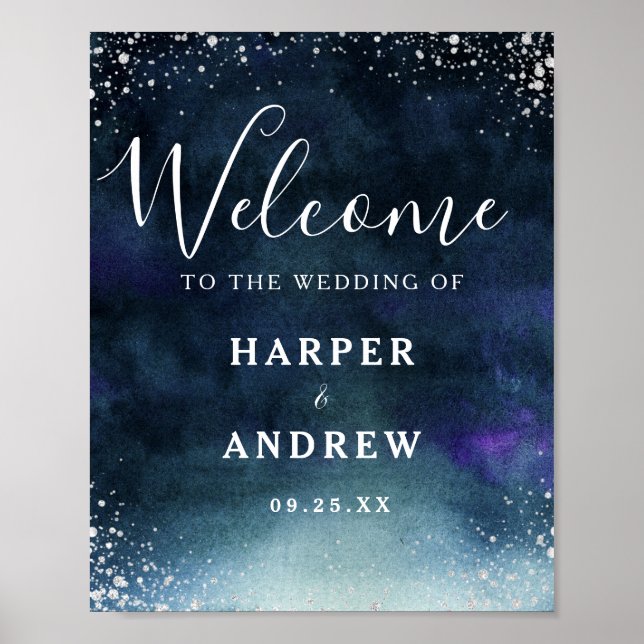 Affiche de bienvenue Mariage en argent bleu marine (Devant)