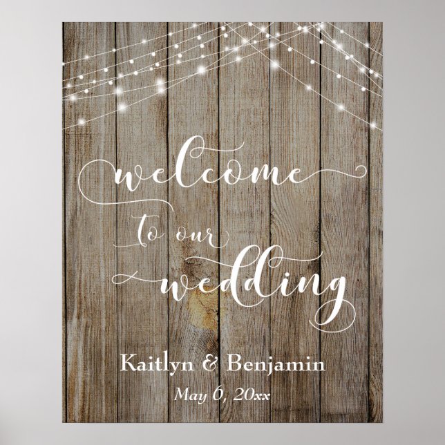 Affiche de bienvenue Mariage en bois Brown et lumi (Devant)