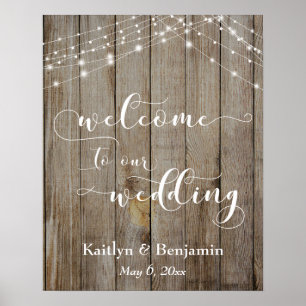 Affiche de bienvenue Mariage en bois et lumière Br