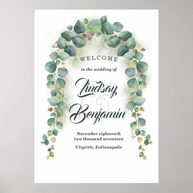 Affiche de bienvenue Mariage Eucalyptus et Gold Gr (Devant)