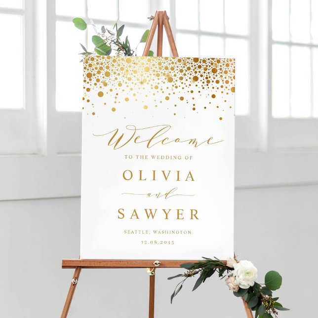 Affiche de bienvenue Mariage Faux Gold Foil Confet (Faux Gold Foil Confetti Dots Wedding Welcome Sign)