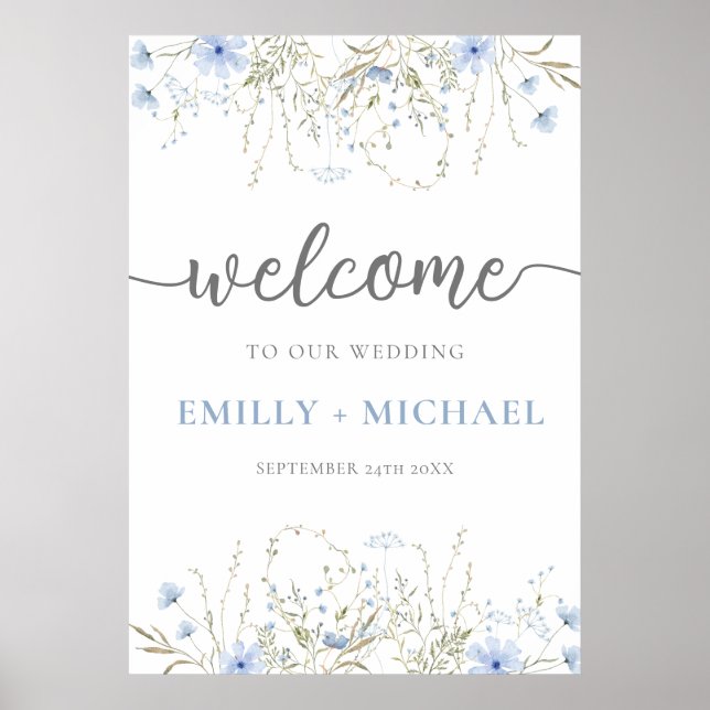 Affiche de bienvenue Mariage Fleur sauvage bleu pé (Devant)